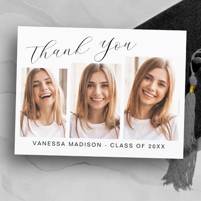 Modern Elegant Script 3 Photo Graduation Thank You Postcard (Creator Uploaded)