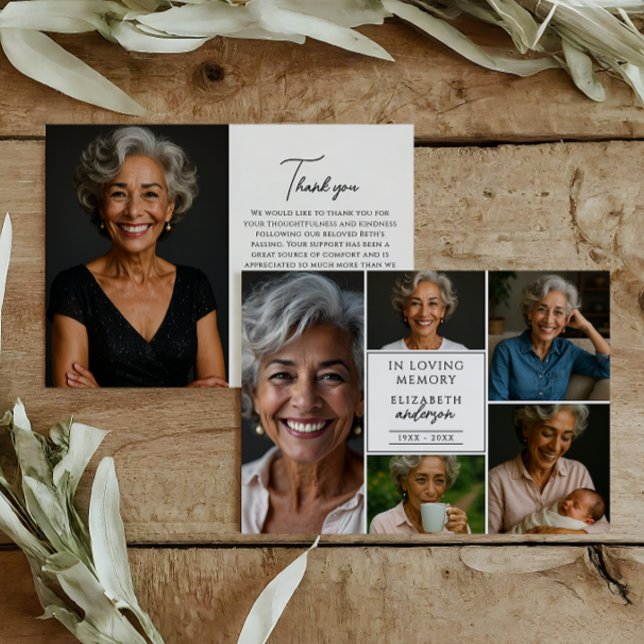Modern Elegant Script 6-Photo Funeral/Memorial Thank You Card (Creator Uploaded)