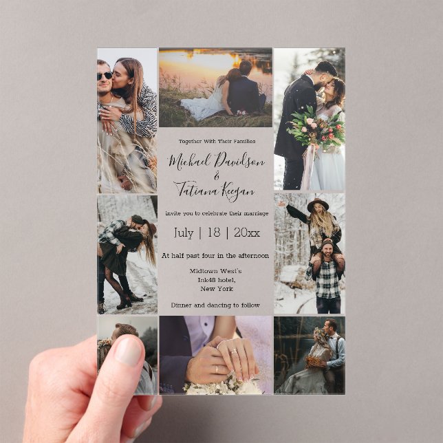 Modern Elegant Script 8 Photo Collage Wedding Acrylic Invitations (Insitu (Handheld))