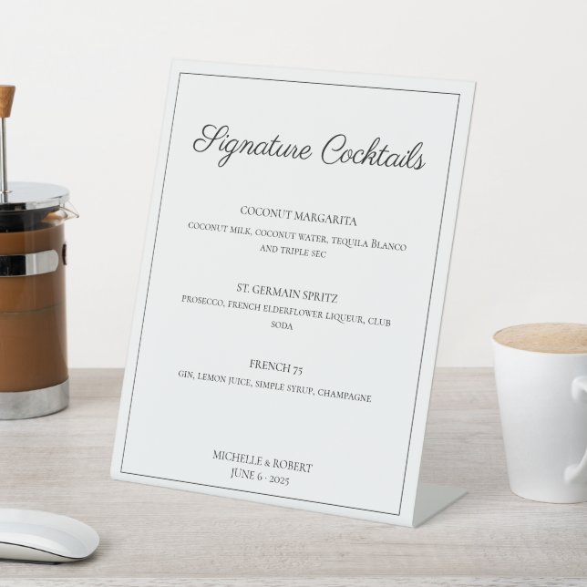 Modern Elegant Script Bar Menu Cocktails Wedding Pedestal Sign (In SItu)