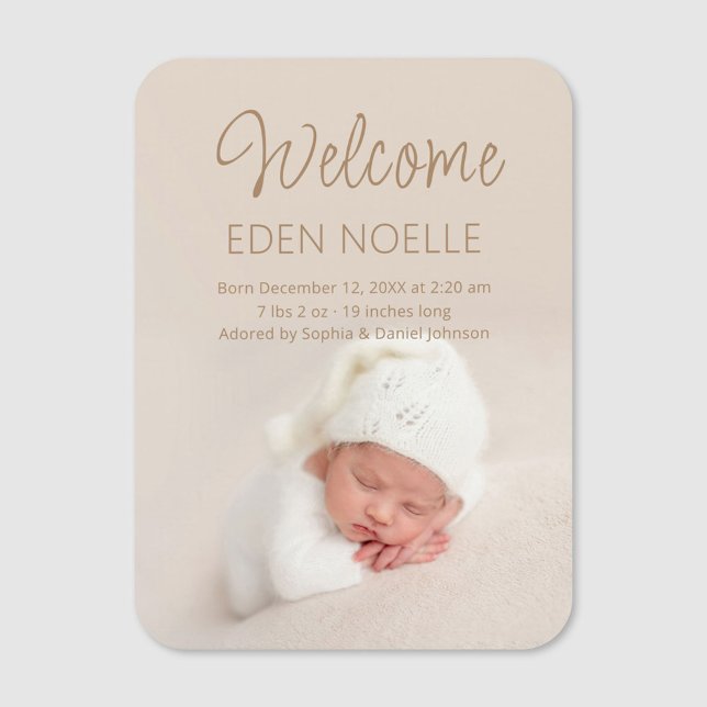 Modern Elegant Script Birth Announcement Photo Magnet (Custom baby photo magnet. Elegant, modern brown script baby birth announcement photo magnet.)