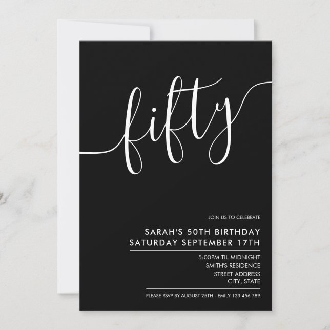 Modern Elegant Script Black 50th Birthday Invitation (Front)