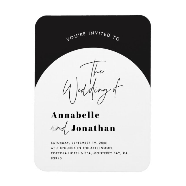 modern elegant script black and white arch wedding magnet (Vertical)