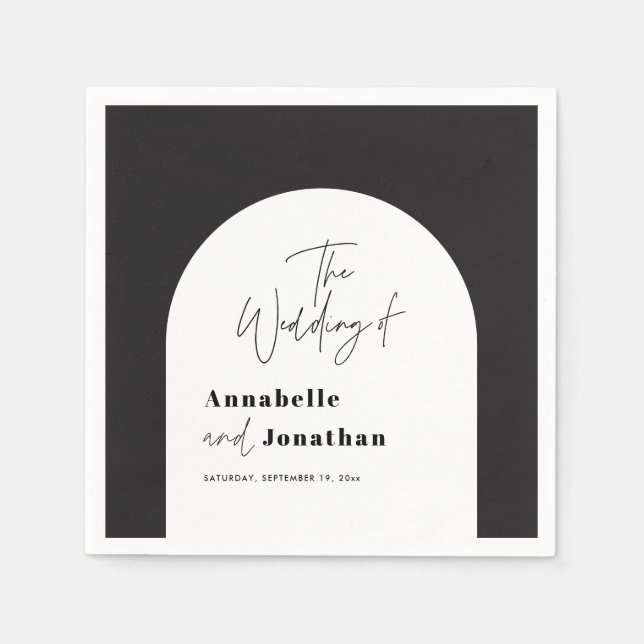 modern elegant script black and white arch wedding napkin (Front)
