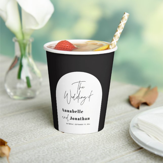 modern elegant script black and white arch wedding paper cups (Insitu)