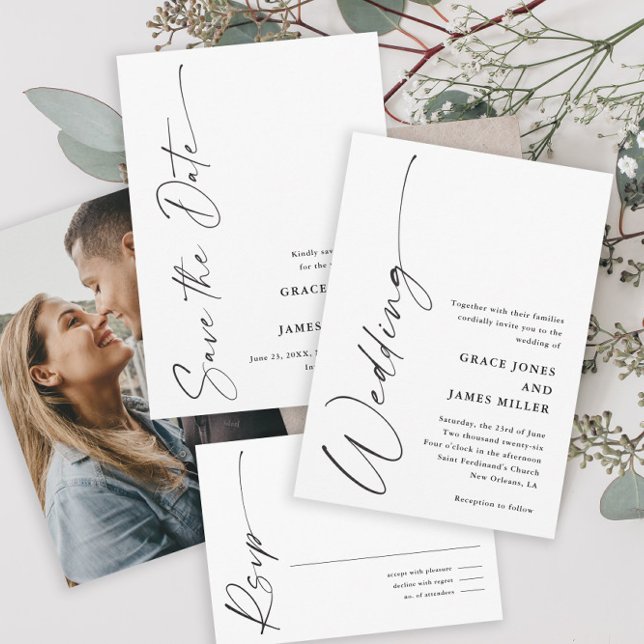 Modern Elegant Script Black and White Wedding Invitation (Creator Uploaded)