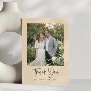 Modern Elegant Script Black Beige Photo Wedding  Thank You Card