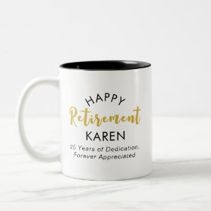 Modern Elegant Script Black Gold Happy Retirement Two-Tone Coffee Mug