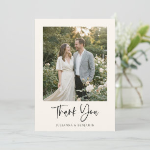 Modern Elegant Script Black Ivory Photo Wedding Thank You Card