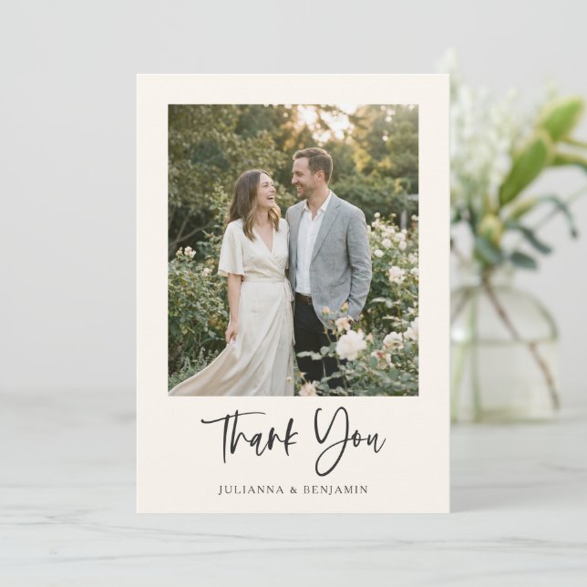 Modern Elegant Script Black Ivory Photo Wedding  Thank You Card (Standing Front)