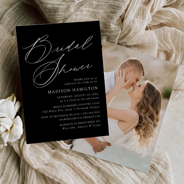 Modern Elegant Script Black Photo Bridal Shower Invitation (Creator Uploaded)