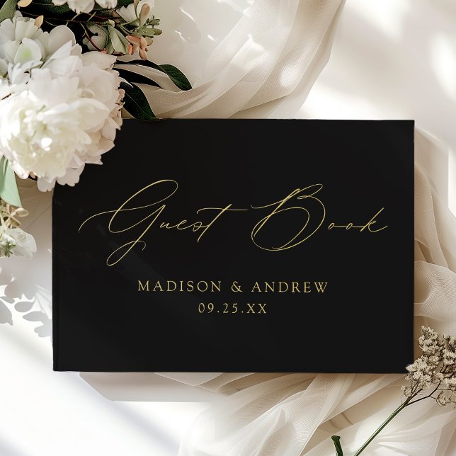 Modern Elegant Script Black Photo Wedding Guest Book (Creator Uploaded)
