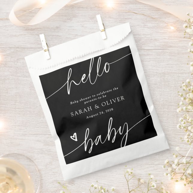 Modern Elegant Script Black & White Baby Shower Favour Bag (Clipped)