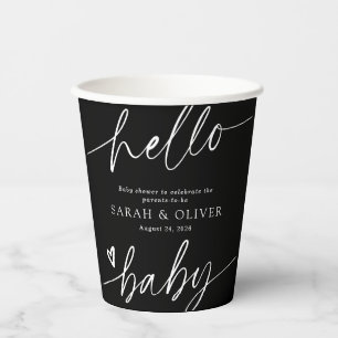 Modern Elegant Script Black & White Baby Shower Paper Cups