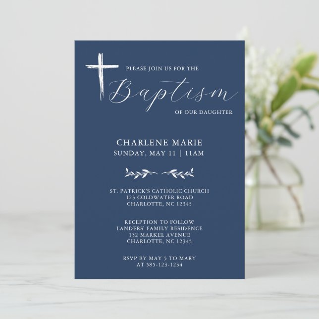 Modern Elegant Script Blue Baptism Invitation (Standing Front)