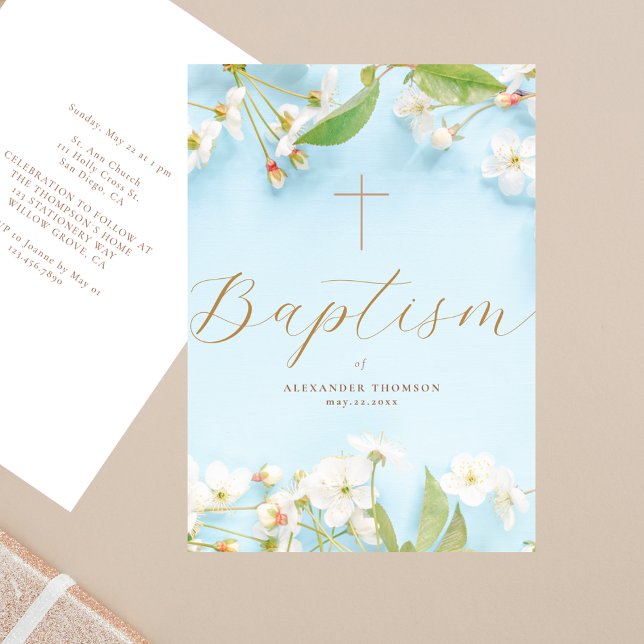 Modern Elegant Script Blue Flowery Cross Baptism Invitation (Creator Uploaded)