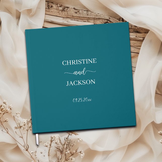 Modern Elegant Script Blue Teal Wedding Silver Guest Book (Creator Uploaded)