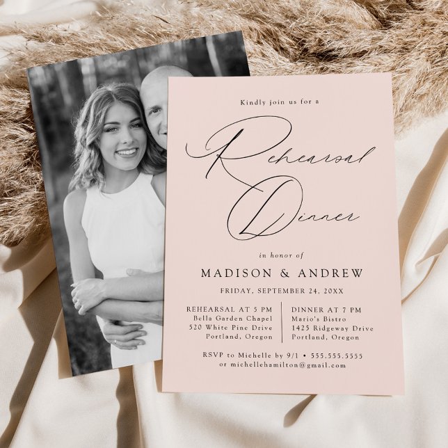 Modern Elegant Script Blush Photo Rehearsal Dinner Invitation (Creator Uploaded)