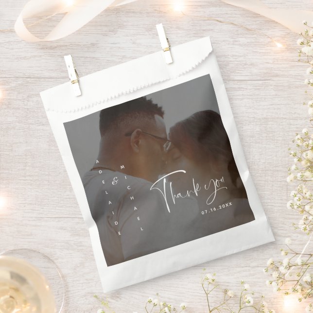 Modern Elegant Script Bride Groom Photo Wedding Fa Favour Bag (Clipped)
