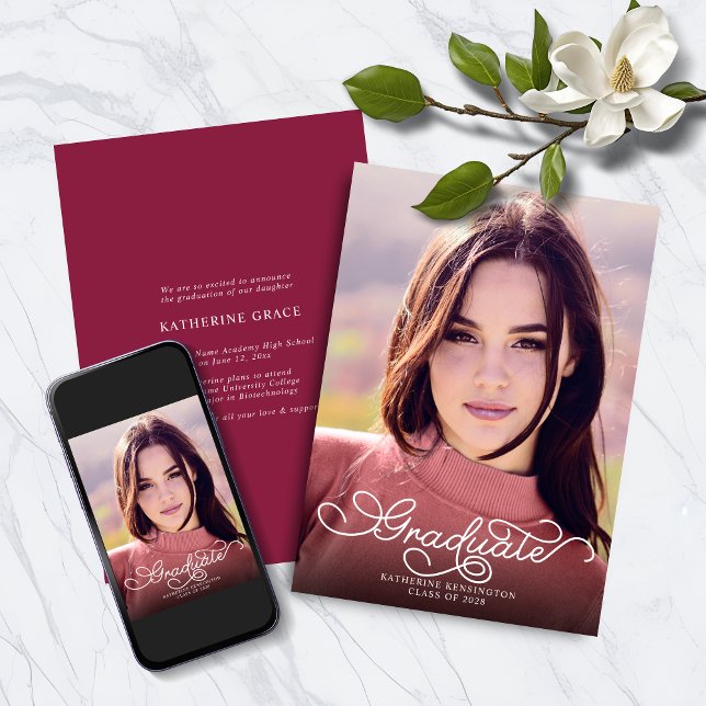 Modern Elegant Script Burgundy Photo Graduation Announcement (Modern Elegant Script Burgundy Photo Graduation Announcement with Instant Download Option)