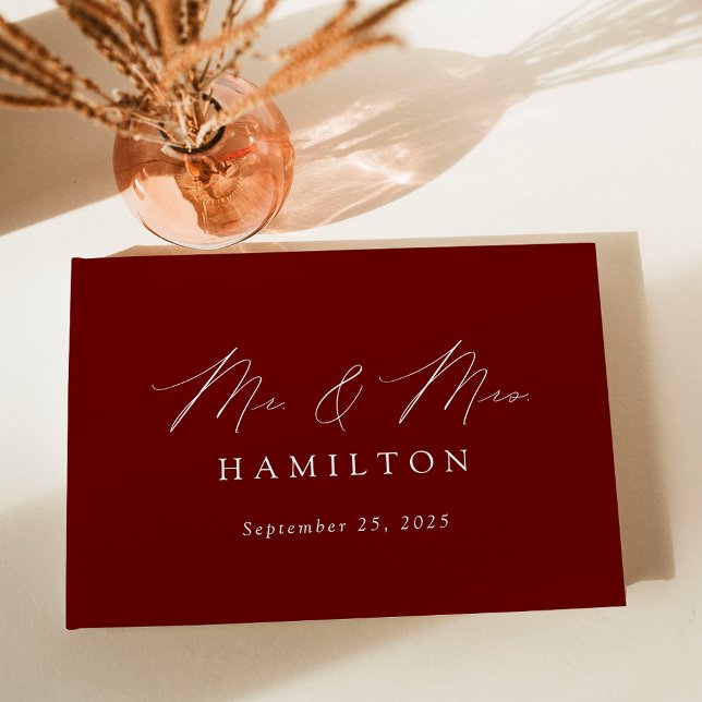 Modern Elegant Script Burgundy Photo Wedding Guest Book (Creator Uploaded)