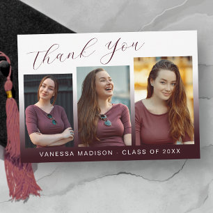 Modern Elegant Script Burgundy Red 3 Photo Grad Thank You Card