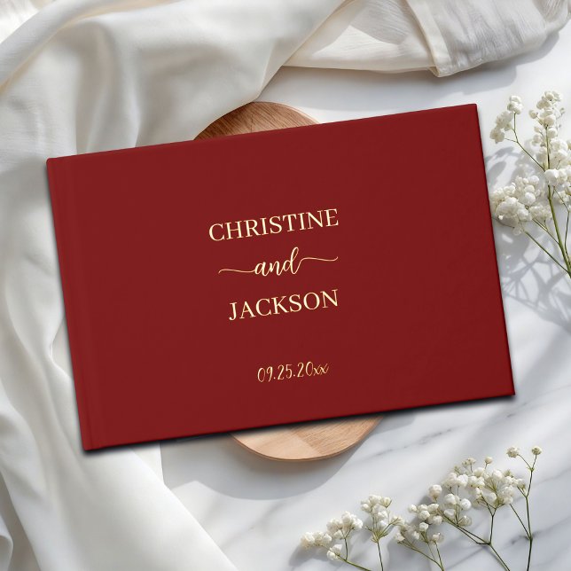 Modern Elegant Script Burgundy Wedding Gold Guest Book (Creator Uploaded)