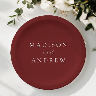 Modern Elegant Script Burgundy Wedding Paper Plate