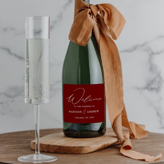 Modern Elegant Script Burgundy Wedding Sparkling Wine Label (Creator Uploaded)