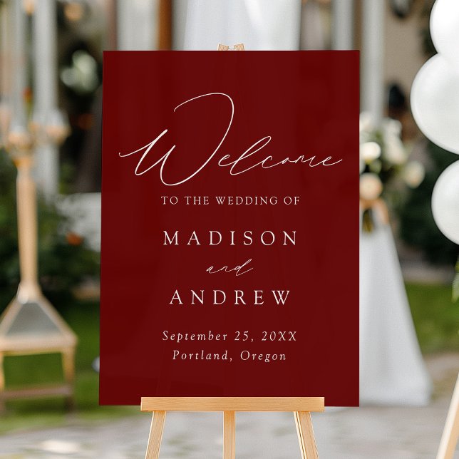 Modern Elegant Script Burgundy Wedding Welcome Acrylic Sign (Creator Uploaded)