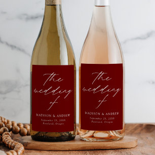 Modern Elegant Script Burgundy Wedding Wine Label