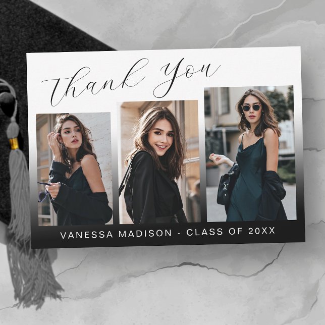 Modern Elegant Script Chic Gradient 3 Photo Grad Thank You Card (Creator Uploaded)