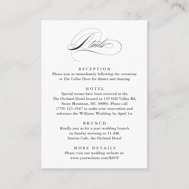 Modern Elegant Script Classic Wedding Details Enclosure Card (Front)