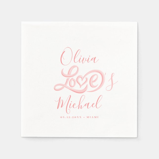 Modern elegant script couples names pink wedding napkin (Front)