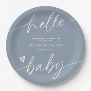 Modern Elegant Script Dusty Blue Baby Shower Paper Plate
