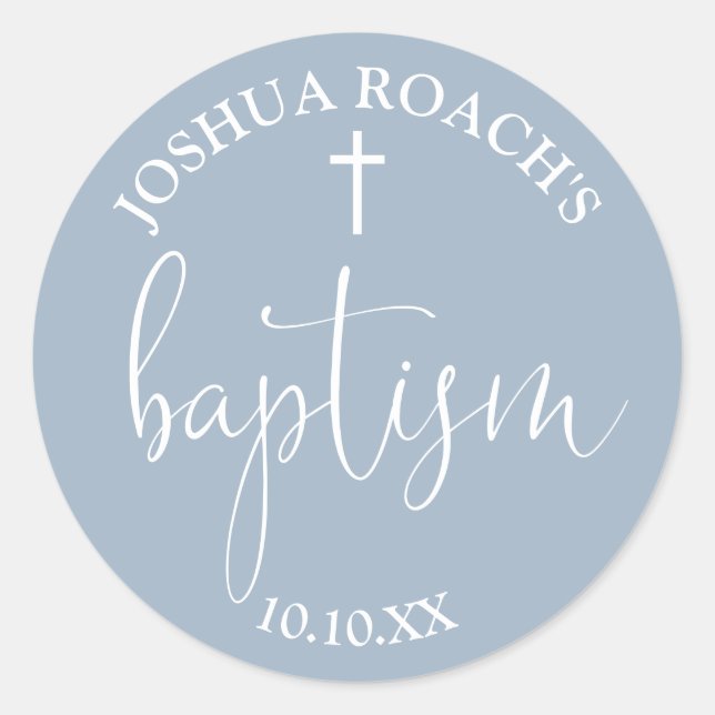 Modern Elegant Script Dusty Blue Baptism Classic Round Sticker (Front)