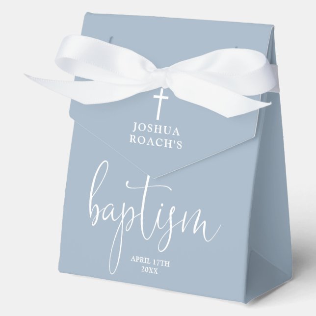 Modern Elegant Script Dusty Blue Baptism Favour Bo Box (Front)