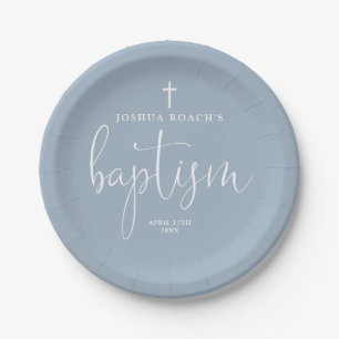 Modern Elegant Script Dusty Blue Baptism Paper Plate