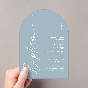 Modern Elegant Script Dusty Blue Boys Baptism Acrylic Invitations