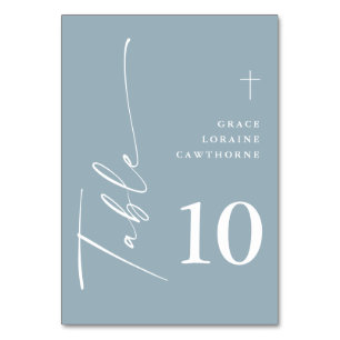 Modern Elegant Script Dusty Blue First Communion Table Number