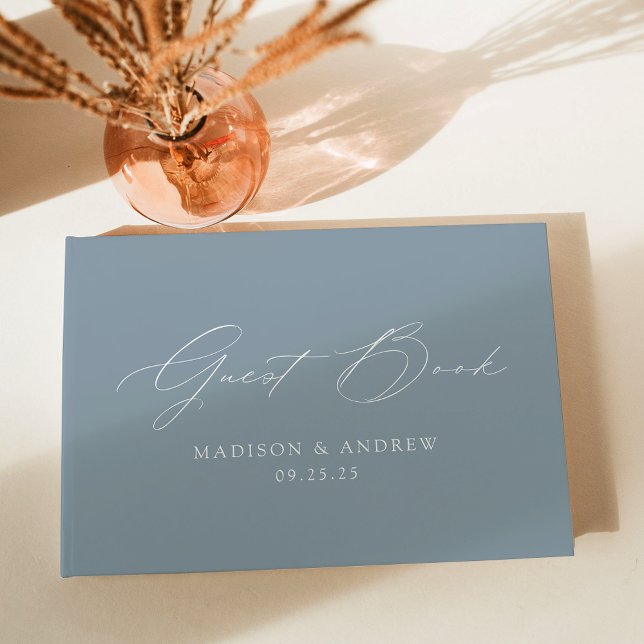 Modern Elegant Script Dusty Blue Photo Wedding Guest Book (Creator Uploaded)