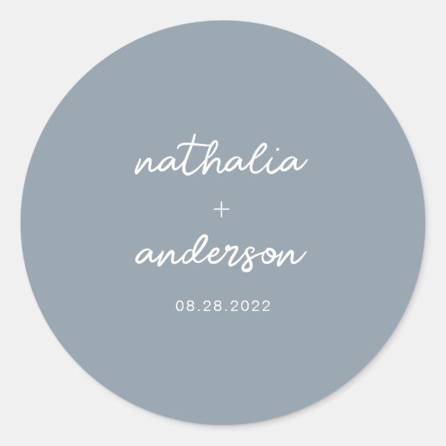 Modern Elegant Script Dusty Blue Wedding Classic Round Sticker (Front)
