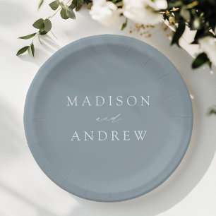 Modern Elegant Script Dusty Blue Wedding Paper Plate
