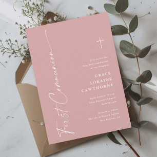 Modern Elegant Script Dusty Pink First Communion Invitation