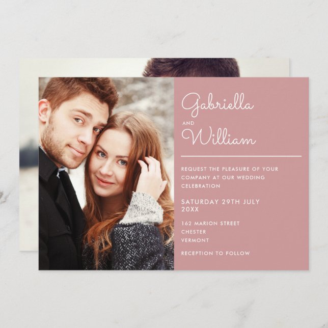 Modern Elegant Script Dusty Rose 2 Photo Wedding Invitation (Front/Back)
