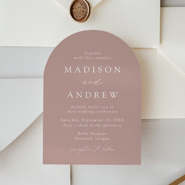 Modern Elegant Script Dusty Rose Arch Wedding Invitation (Creator Uploaded)