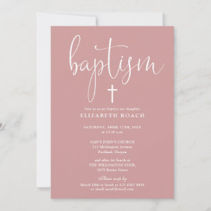 Modern Elegant Script Dusty Rose Pink Baptism Invitation