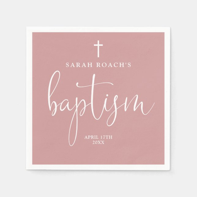 Modern Elegant Script Dusty Rose Pink Baptism Napkin (Front)
