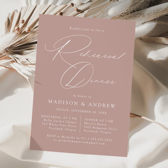 Modern Elegant Script Dusty Rose Rehearsal Dinner Invitation (Creator Uploaded)