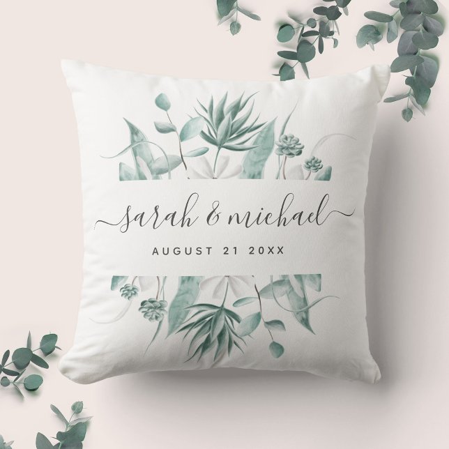 Modern Elegant Script Eucalyptus Greenery Wedding Cushion (Creator Uploaded)